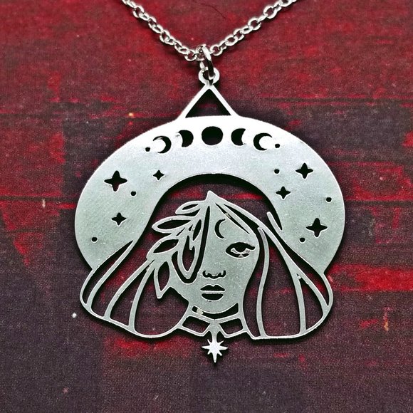 Baroque Vintage Jewelry - Witch w/ Hat & Moon Phases on Brim Silver Necklace
